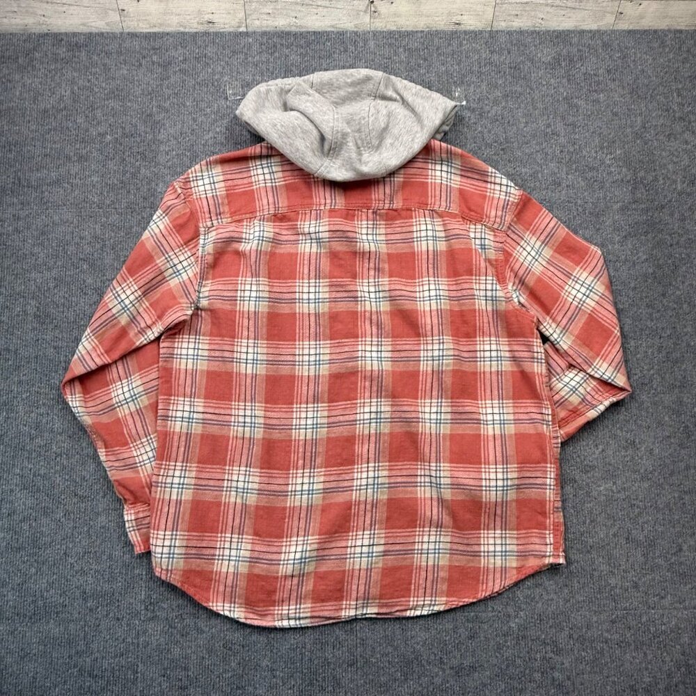 American Eagle Mens L Plaid Flannel Shirt Shacket Removeable Hood Cabincore Red - Picture 7 of 13